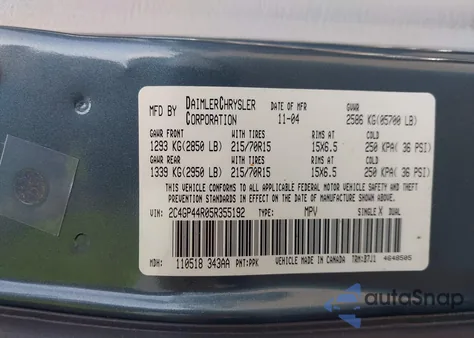 2005 Chrysler Town & Country Lx from USA, damaged, VIN 2C4GP44R05R355192